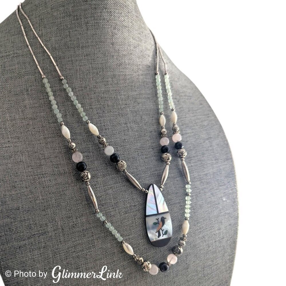 Vintage Bird Inlay Pendant Necklace Aventurine Rose Quartz Onyx Silver Tone - Picture 3 of 15